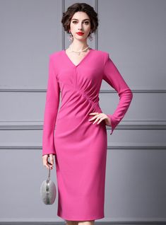 Fuchsia Long Sleeve V-neck Pleats Mother Of The Bride Dress Pink V-neck Cocktail Evening Dress, Fitted Pink V-neck Dress, Pink V-neck Midi Dress For Wedding Guest, Elegant Pink Ruched Midi Dress, Pink V-neck Evening Dress For Party, Elegant Pink V-neck Cocktail Dress, Fitted Pink V-neck Dress For Wedding, Pink Long Sleeve Dress For Wedding Guest, Fitted Pink V-neck Dress For Cocktail