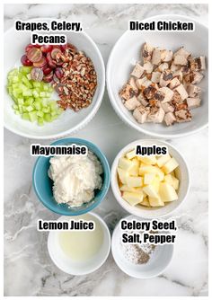 four bowls with different types of food in them on a marble counter top, including grapes, celery, chicken, apples, lemon juice, and mayonnaise