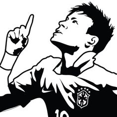 a black and white drawing of a soccer player pointing to the side with his finger