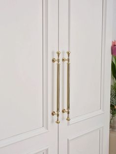 a white door with two brass handles and some pink tulips in the background