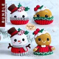 three crocheted snowmen sitting next to each other