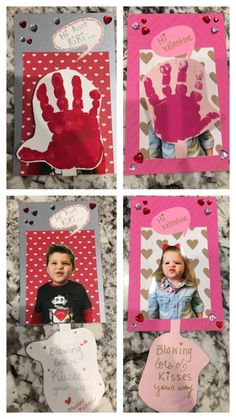 four different pictures of children's handprints on pink and red paper with hearts