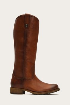 The Melissa equestrian-inspired tall boots are made from hard-wearing leather design. Contoured through the ankle for support and the most flattering shape, they have a modernized topline with newly updated Frye signature button details at the pull tabs providing a tailored look. Slight heel with lug soles. - Leather lined- Leather outsole- Antique metal hardware- 15 1/4" shaft height- 14 1/2" shaft circumference- 1 1/4" heel height Frye Melissa Boots, The Frye Company, Leather Boot Shoes, Frye Boots, Riding Boot, Leather Boots Women, Shoe Boot Sandals, Boots Knee, Leather Shoes Woman