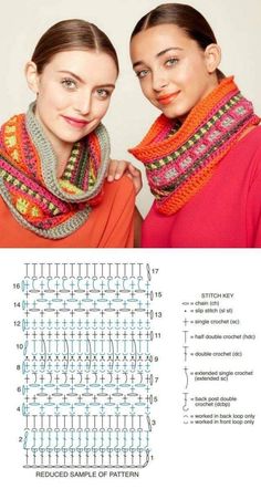 two women wearing knitted scarves with text describing how to crochet the scarf