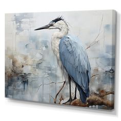 a painting of a blue heron standing on a branch in front of a gray background