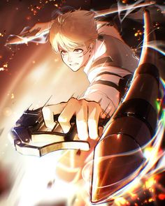 an anime character holding a cell phone in his hand and looking at the screen with fire coming out from behind him