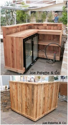 an outdoor bar made out of pallets and wood