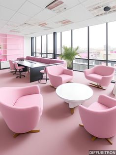 an office with pink chairs and desks in the middle of the room, along with large windows