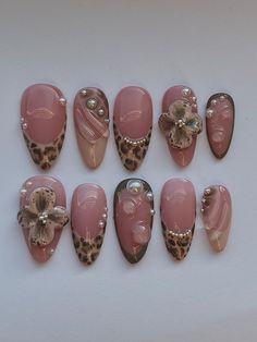 Handmade leopard print press on nails with 3d painted flowers🐆🌸 Easy application and can be reused multiple times. Cheetah Print Press On Nails, Nails Acrylic Lepord Print, Christmas Almost Nails, Matte Cheetah Print Nails, Burgundy Animal Print Nails, 3d Leopard Nails, Dark Red Leopard Print Nails, Square Junk Nails, Brown Animal Print Nails