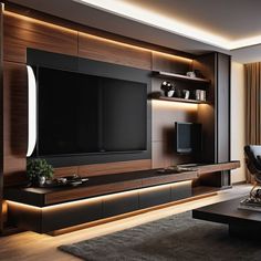 a living room with a large television on the wall