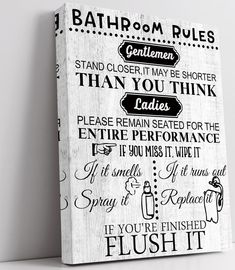 a bathroom rules sign on the wall next to a white shelf with a black and white background