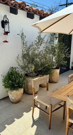 an outdoor patio with potted plants and tables