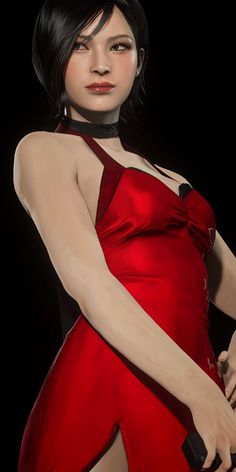 a digital painting of a woman in a red dress with her arm around the waist