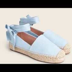 Best Seller Canvas Espadrille Flats By J Crew Color:Faded Chambray Ankle Tie Espadrilles, Ribbon Shoes, Espadrille Sneakers, Espadrille Flats, Lace Up Espadrilles, J Crew Style, Tights Socks, Slip On Espadrilles, Wedge Espadrilles