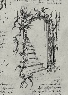 a drawing of a staircase with an open door and some writing on the wall behind it