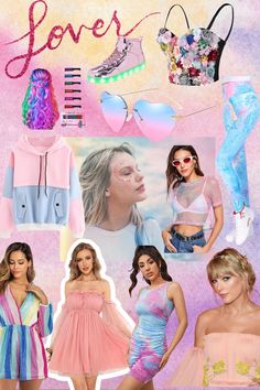 a collage of photos with the words love written on them and images of women in pastel outfits