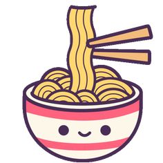 a bowl of noodles with chopsticks sticking out of it's top and smiling face