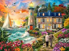 a painting of two people and a dog walking towards a house by the ocean with sailboats