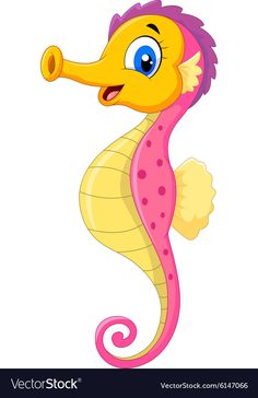 a cartoon seahorse with big blue eyes and pink tail, standing on its hind legs