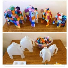 three different pictures of elephants made out of plastic cups and bowls with candy in them