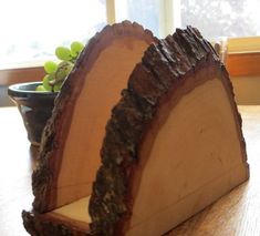 a piece of wood sitting on top of a table next to a potted plant