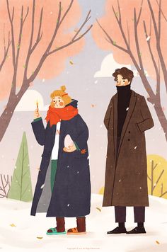 two people are standing in the snow with one holding a candle and looking at another