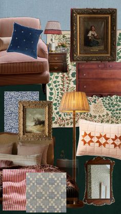 a collage of furniture and wallpapers with paintings on the walls behind them