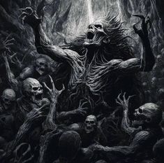 a black and white image of a demonic creature surrounded by skulls in a forest with trees