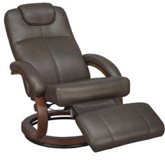 the reclining chair and ottoman is shown in brown leather with wood trimmings