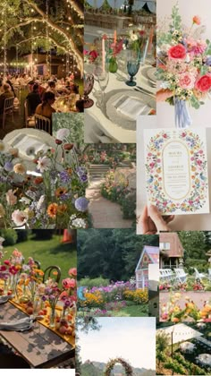 a collage of photos with flowers and tables in the middle, surrounded by balloons