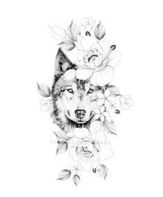 a black and white drawing of a wolf with flowers on it's back side