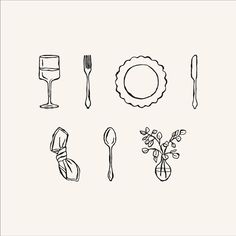 black and white illustration of utensils, wine glass, plate, napkins