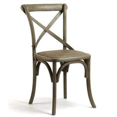 a wooden chair with a cross back design on the seat and backrest, against a white background