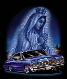 an image of the immaculate mary in blue and gold on a black background with a purple car