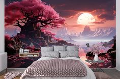 a bed room with a large mural on the wall