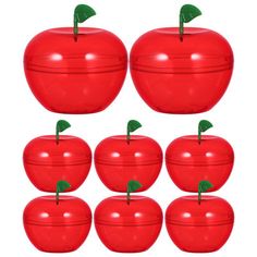 six red apple shaped containers with green leaves on each one, all lined up in the same row