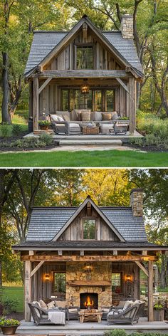 two pictures of a small cabin with an open fireplace and covered patio area in the middle