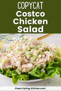 a white plate topped with lettuce and chicken salad on top of a table