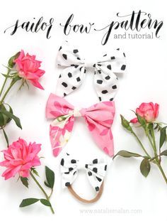 three bow ties and two roses on a white background with text that reads free sailor for pattern and how to sew them