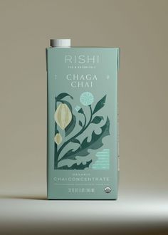 a carton of chaga chai tea sitting on top of a white table