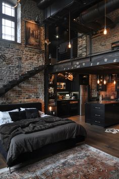 an industrial bedroom with exposed brick walls and black furniture, including a bed in the foreground