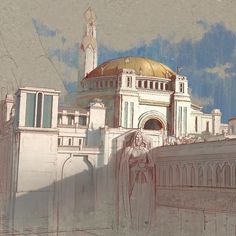 a drawing of a building with a golden dome