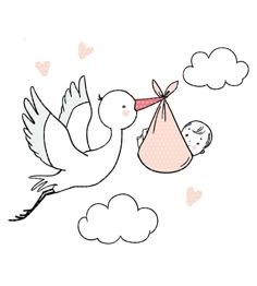 a stork carrying a baby in a bag