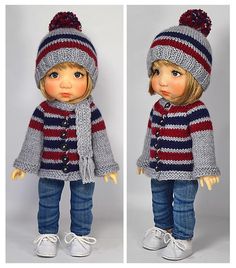 two pictures of a doll wearing a knitted hat and sweater with pom - poms