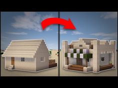 an image of a house in minecraft with a red arrow pointing to the front