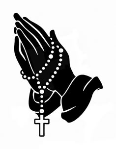 a black and white drawing of hands holding a cross with pearls on it's fingers