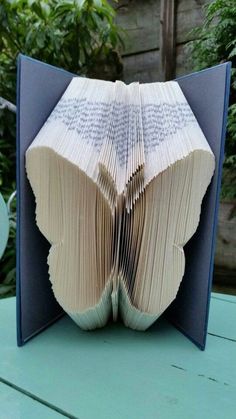 an open book with pages folded in the shape of a butterfly on top of it