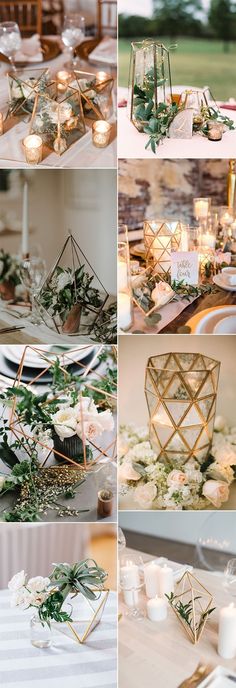 wedding tables with candles, flowers and greenery on them are all arranged in different ways