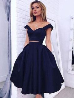 Satin Off-the-Shoulder Sleeveless Knee-Length With Ruffles Dresses - Prom Dresses Navy Blue Homecoming Dresses, Black Graduation Dress, Navy Homecoming Dress, Navy Blue Homecoming Dress, Navy Blue Prom Dress, Tea Length Prom Dress, Navy Blue Prom Dresses, Ninth Grade, Application Iphone