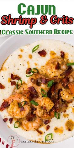 shrimp and grits with bacon in a white bowl